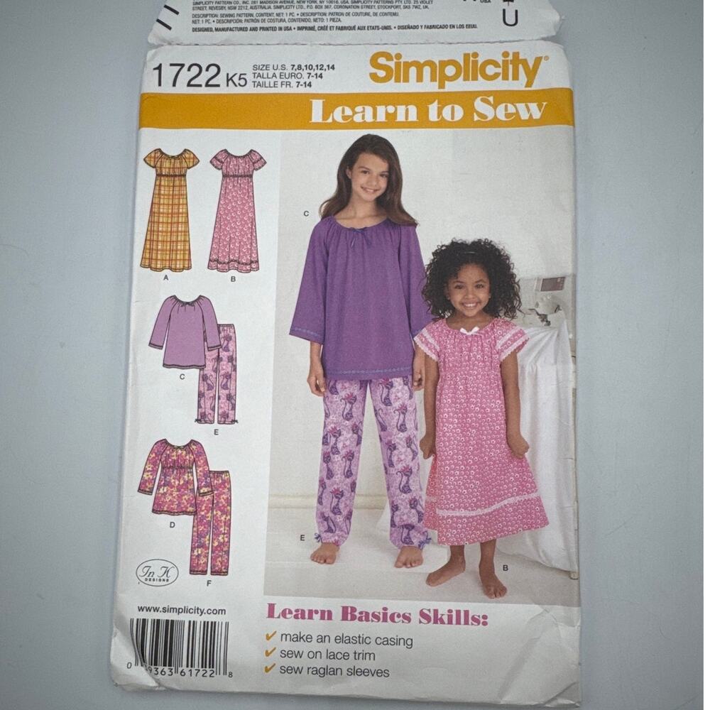 Simplicity Learn To Sew 1722 K5 Pattern Size 7,8,10,12,14 Opened UNCUT